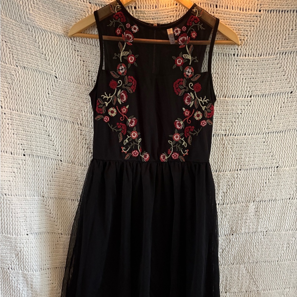 Xhilaration Black Midi Dress with Red & Pink Floral Embroidery